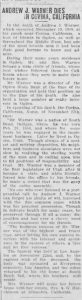 Obituary for Andrew J. Warner, Ogden Standard Examiner 1909