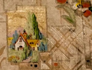 Hand silk screened wallpaper depicting Tudor cottages