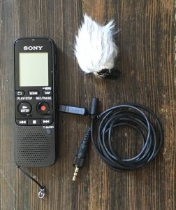 The Sony-ICD -PX333 digital recorder with microphone and windscreen I use to get family stories outdoors. Click on photo to order it on Amazon. 