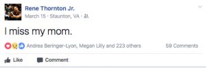 Facebook post by Rene: "I miss my mom"
