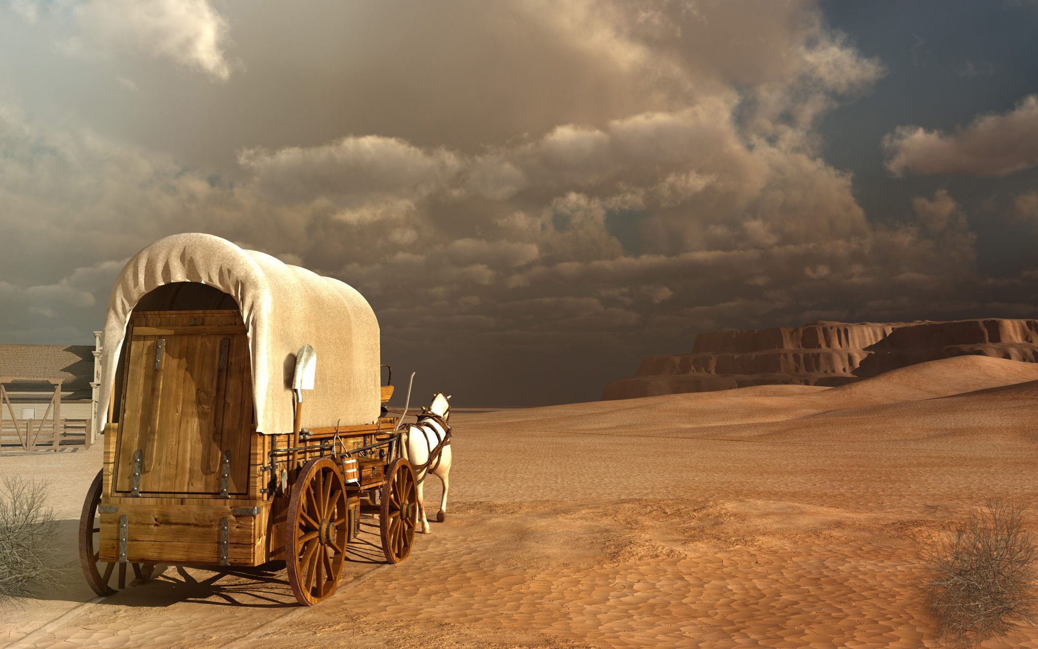 A pioneer's covered wagon in the desert a painting Tell Your Story
