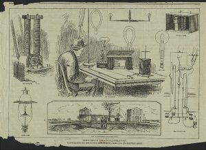 Inventing: a 10,000-hour endeavor of passion, trying, failing, and (eventually) succeeding. Drawing of Thomas Edison at work on the light bulb.