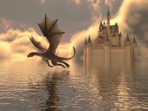 Dragon by Nuance is my favorite tool for transcribing audio and oral history. Painting of a dragon and castle.