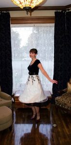 These are a few of my favorite things! (Google speech-to-text and Dragon) - Rhonda Lauritzen twirling in a vintage dress, in the Evalogue.Life studio.