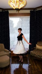 These are a few of my favorite things! (Google speech-to-text and Dragon) - Rhonda Lauritzen twirling in a vintage dress, in the Evalogue.Life studio.