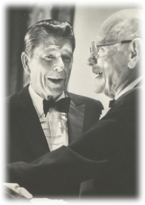 Ronald Reagan gives Robert H. Hinckley the Brotherhood Citation Award. Photo digitized from the Hinckley Institute of Politics