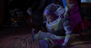 Buzz Lightyear is despondent because he believes he is "only a toy." He is strapped to a rocket. This is his darkest hour.