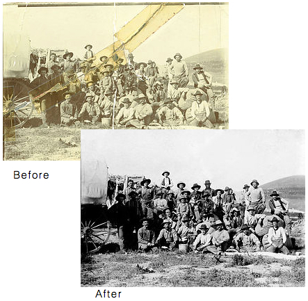 Before and after images of restored photos. Image was faded, marked, ripped and stained.
