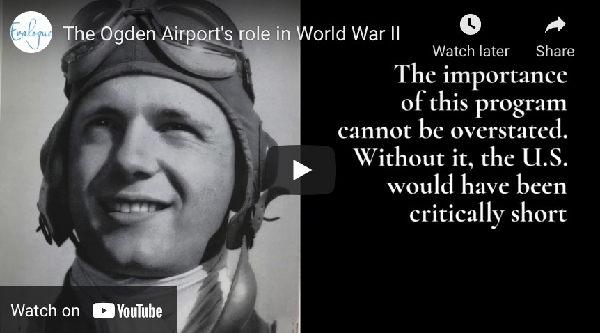 Video thumbnail to video" The Ogden Airport's role in World War II - image of a man wearing pilot goggles during World War II