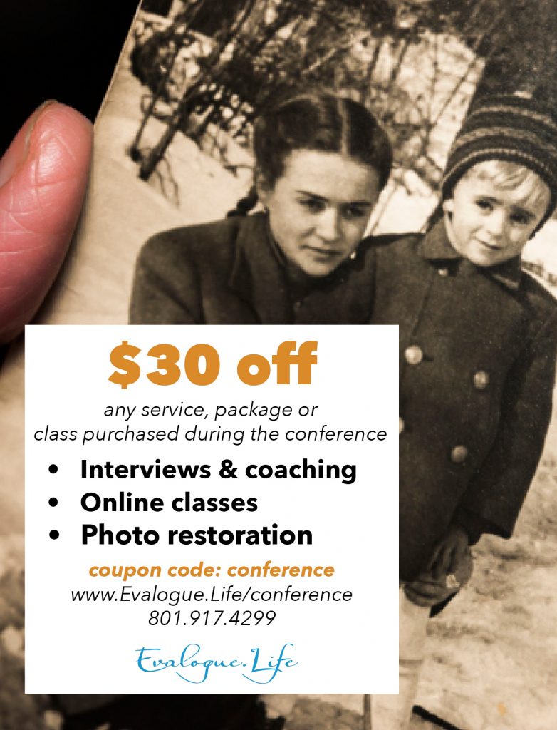Vintage photo of a young mother and her son standing in the snow. Text reads: $30 off any service, package, or class purchased during the conference including: Interviews & coaching, online classes, photo restoration. Coupon code: conference. evalogue.life/conference 801.917.4299