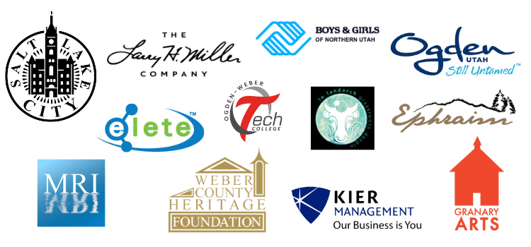 Logos of organizations who have hired Evalogue.Life: Salt Lake City, elite, MRI, Weber County Heritage Foundation, Kier Management, Granary Arts, Ephraim city, io land arch, Ogden-weber tech college, boys & girls club of northern Utah, Ogden Utah, still untamed. 