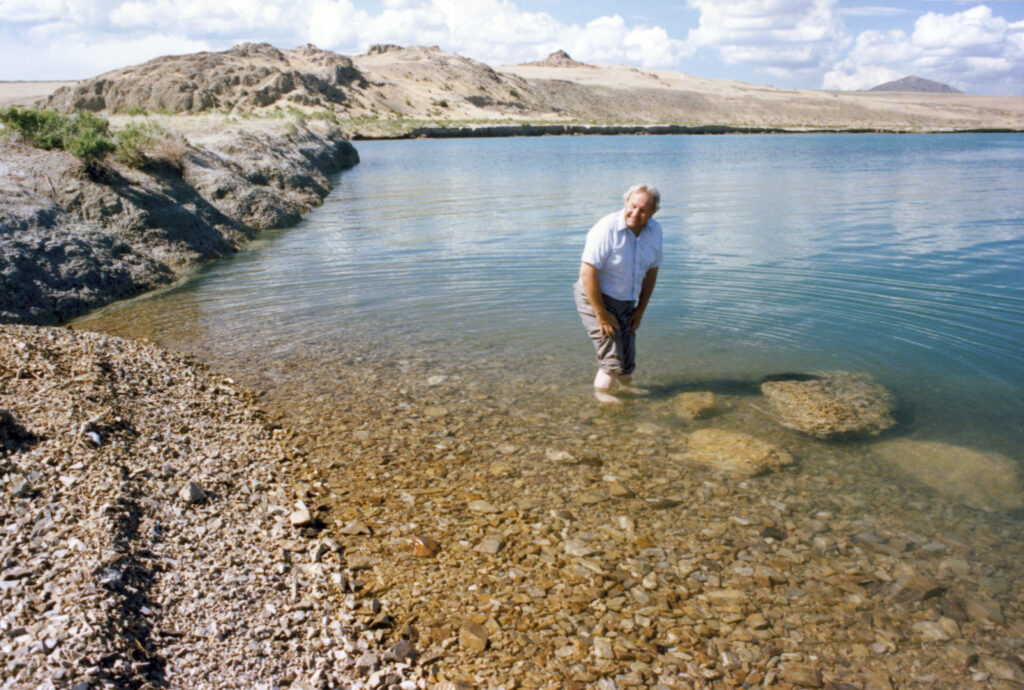 My dad, Hartley Anderson standing in Great Salt Lake in the 1990s. Now the waterline is about 4 miles away.