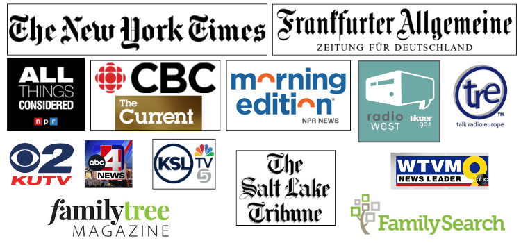 At Evalogue.Life, our work and our instructors have been featured on The New York Times, FAZ Frankfurt, CBC's The Current, Morning Edition, FamilySearch, Family Tree Magazine, All Things Considered, JUTV, ABC, KSL TV, The Salt Lake Tribune, Radio West, and Talk Radio Europe, among others